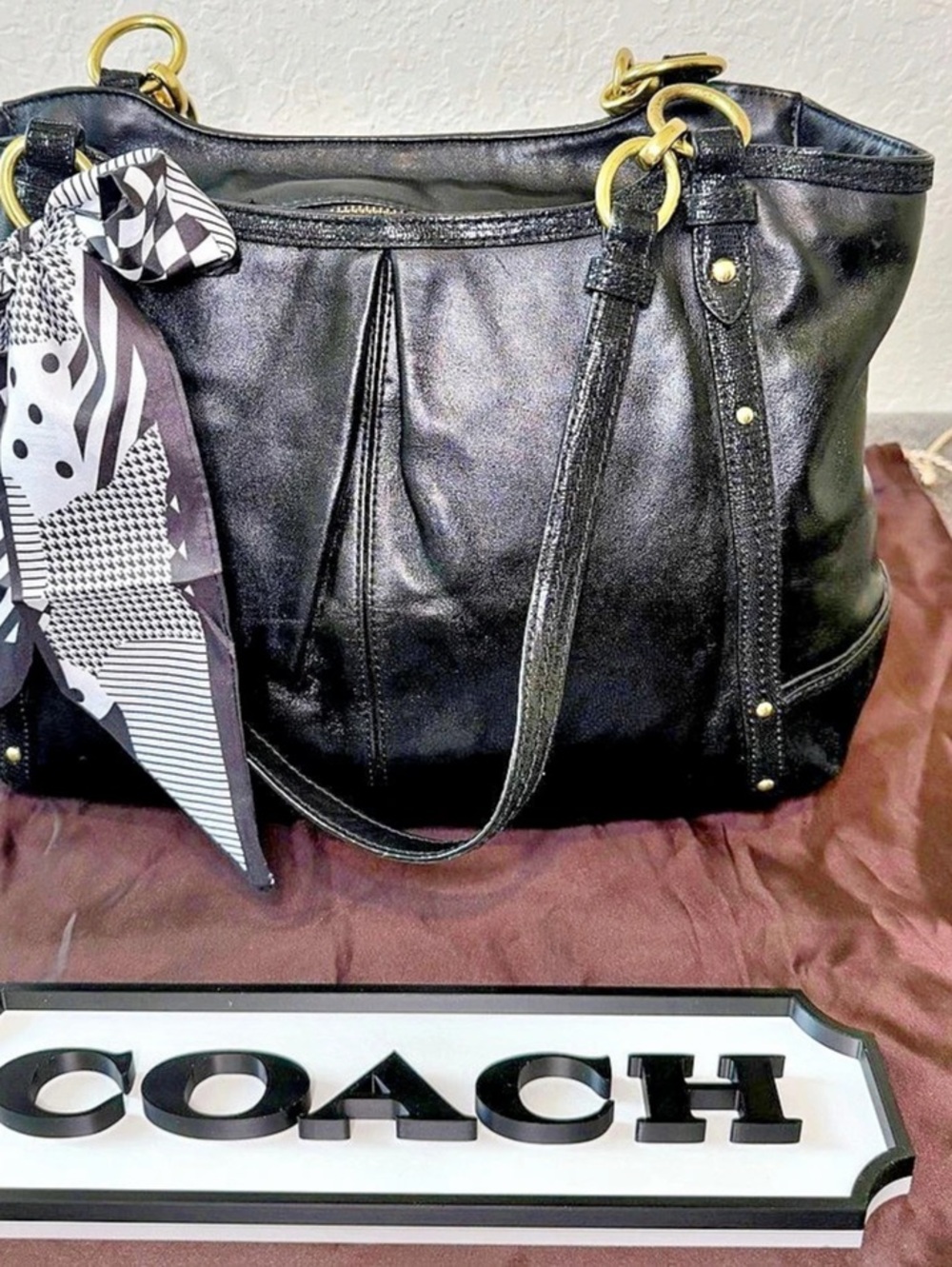 Coach Alexandra Black Leather Hobo Tote Bag Python Trim A1320-F20812